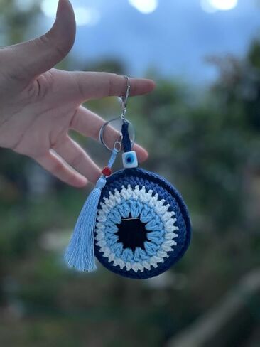 Atelier PG Crochet Evil Eye Key Chain, Evil Eye Bag Charm, Cotton Evil Eye Amigurumi with Tassel and Handcrafted Glass Beads (Blue) in Saudi Arabia