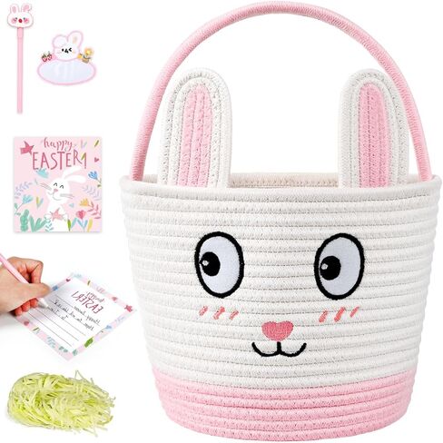 Easter Basket for Kids - Cute Pink Bunny Woven Bag for Girls, Personalized Large Easter Baskets, Durable Egg Hunt Storage for Boys Toddler & Baby, Includes Raffia & Neutral Pen & Name Stickers in Saudi Arabia