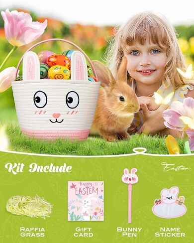 Easter Basket for Kids - Cute Pink Bunny Woven Bag for Girls, Personalized Large Easter Baskets, Durable Egg Hunt Storage for Boys Toddler & Baby, Includes Raffia & Neutral Pen & Name Stickers in Saudi Arabia