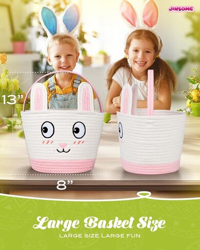 Easter Basket for Kids - Cute Pink Bunny Woven Bag for Girls, Personalized Large Easter Baskets, Durable Egg Hunt Storage for Boys Toddler & Baby, Includes Raffia & Neutral Pen & Name Stickers in Saudi Arabia