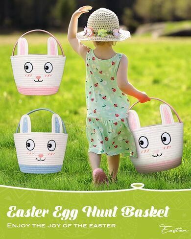 Easter Basket for Kids - Cute Pink Bunny Woven Bag for Girls, Personalized Large Easter Baskets, Durable Egg Hunt Storage for Boys Toddler & Baby, Includes Raffia & Neutral Pen & Name Stickers in Saudi Arabia