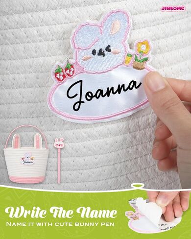 Easter Basket for Kids - Cute Pink Bunny Woven Bag for Girls, Personalized Large Easter Baskets, Durable Egg Hunt Storage for Boys Toddler & Baby, Includes Raffia & Neutral Pen & Name Stickers in Saudi Arabia
