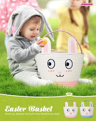 Easter Basket for Kids - Cute Pink Bunny Woven Bag for Girls, Personalized Large Easter Baskets, Durable Egg Hunt Storage for Boys Toddler & Baby, Includes Raffia & Neutral Pen & Name Stickers in Saudi Arabia