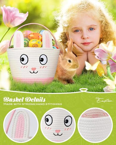 سلة عيد الفصح للأطفال - حقيبة منسوجة على شكل أرنب وردي لطيف للفتيات، سلال عيد الفصح الكبيرة المخصصة، تخزين متين لصيد البيض للأولاد الصغار والرضع، تتضمن الرافية والقلم المحايد واسم الفيلكرو in Kuwait