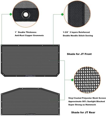 Shadeidea JT Sun Shade Top Sunshade متوافق مع Jeep Gladiator Top Shade Mesh غطاء سقف الشاشة (2018-2023) - مانع ضوضاء الرياح للأشعة فوق البنفسجية مع حقيبة GrabBag - ضمان 10 سنوات - أسود - أمامي + خلفي (قطعتان) in Kuwait