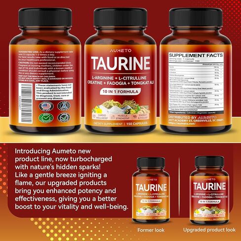 Taurine Supplement - Enhanced with L-Arginine, L-Citrulline, Creatine, Fadogia, Tongkat Ali for Mental Energy, Focus and Muscle Strength - Made in The US in Kuwait