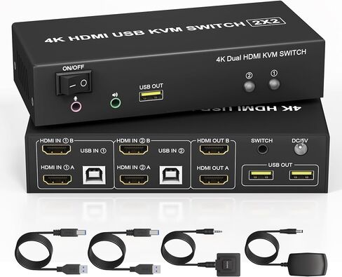 KVM Switch 2 Monitors 2 Computers HDMI 2 Port 4K@60Hz Dual Monitor KVM Switch Share 2 Monitor, Audio Mic Port and 3 USB Ports Support Extended and Copy Mode, PC Monitor Keyboard Mouse Switcher in Saudi Arabia