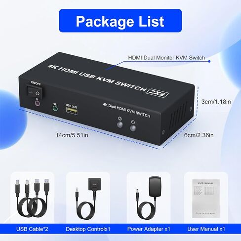 KVM Switch 2 Monitors 2 Computers HDMI 2 Port 4K@60Hz Dual Monitor KVM Switch Share 2 Monitor, Audio Mic Port and 3 USB Ports Support Extended and Copy Mode, PC Monitor Keyboard Mouse Switcher in Saudi Arabia