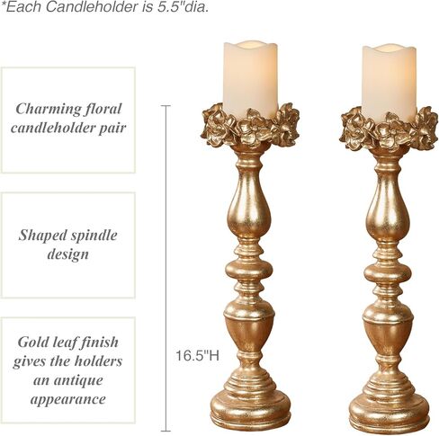 Touch of Class Magnolias Candleholders Pair - Resin - Antique White - Spindle Design Tall Candlesticks for Bedroom, Living Room, Dining Room, Office, Countertop, Entryway, Foyer in Saudi Arabia