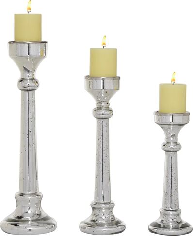 Deco 79 Glass Solid Candle Holder, Set of 3 12", 16", 19"H, Silver in Saudi Arabia