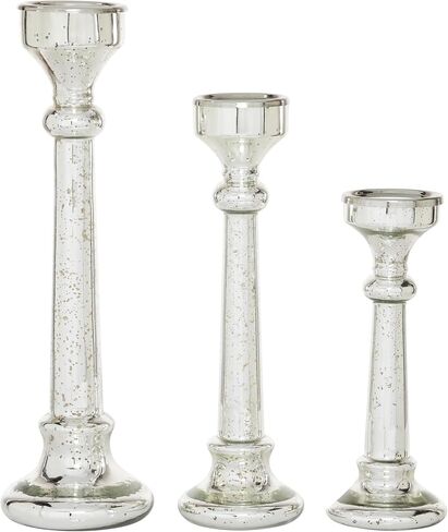 Deco 79 Glass Solid Candle Holder, Set of 3 12", 16", 19"H, Silver in Saudi Arabia
