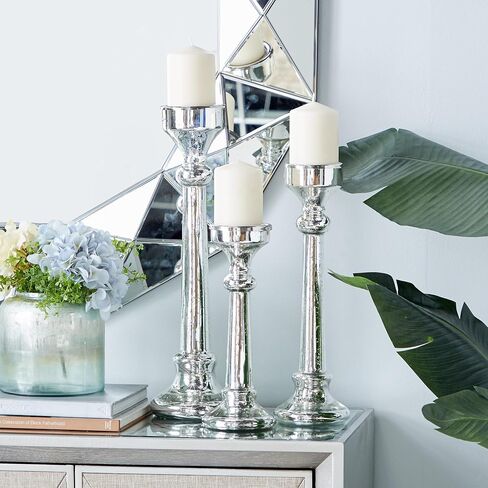 Deco 79 Glass Solid Candle Holder, Set of 3 12", 16", 19"H, Silver in Saudi Arabia