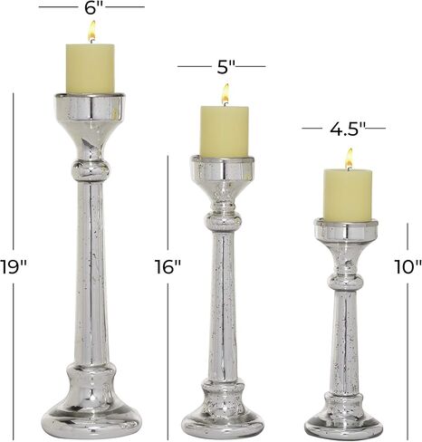 Deco 79 Glass Solid Candle Holder, Set of 3 12", 16", 19"H, Silver in Saudi Arabia
