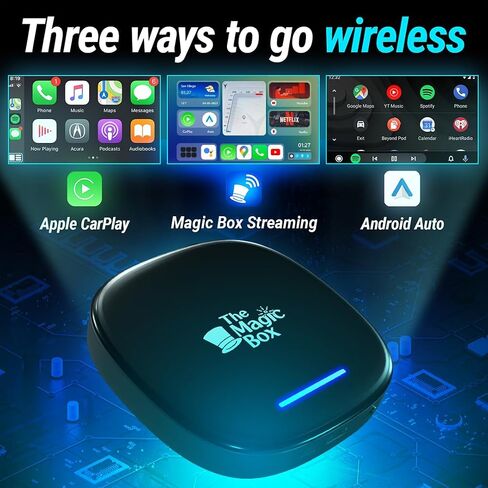 The Magic Box 2.0, Wireless CarPlay/Android Auto Adapter, Wireless Auto Adapter to All Your Favorite Streaming Apps, Disney+, Hulu, YouTube, Netflix, Live Sports and More! Designed in San Diego, CA in Saudi Arabia