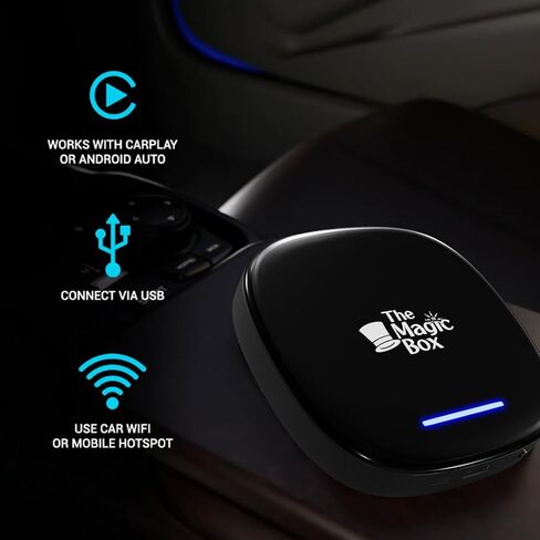 The Magic Box 2.0, Wireless CarPlay/Android Auto Adapter, Wireless Auto Adapter to All Your Favorite Streaming Apps, Disney+, Hulu, YouTube, Netflix, Live Sports and More! Designed in San Diego, CA in Saudi Arabia