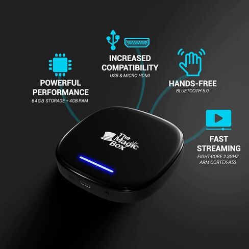 The Magic Box 2.0, Wireless CarPlay/Android Auto Adapter, Wireless Auto Adapter to All Your Favorite Streaming Apps, Disney+, Hulu, YouTube, Netflix, Live Sports and More! Designed in San Diego, CA in Saudi Arabia