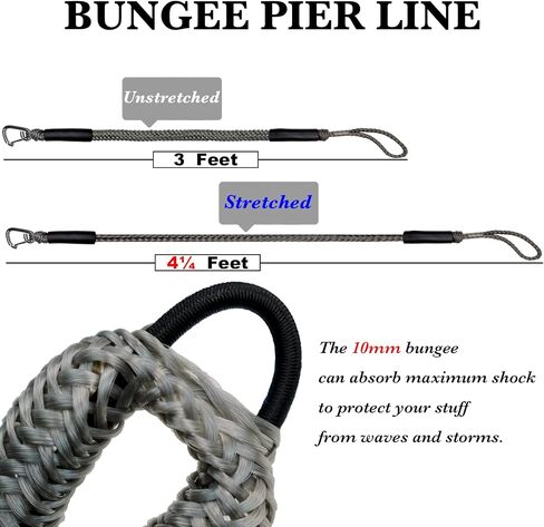 3 Feet Marine Grade Boat Bungee Dock Lines Jet Ski Accessories with High Visibility 316ss Hook for Jet Ski, SeaDoo, Yamaha WaveRunner, Kayak, Pontoon Boat, Dinghy 2Pcs (Grey, 3 Feet) in Saudi Arabia