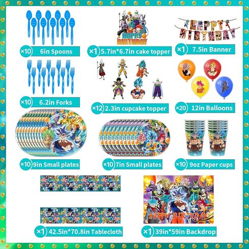 لوازم وديكورات حفلات التنين، مجموعة لوازم حفلات عيد ميلاد التنين المكونة من 86 قطعة، تتضمن لافتات وخلفية وبالونات وغطاء للكيك وأطباق ومفرش طاولة وكوب وشوك وملاعق in Kuwait