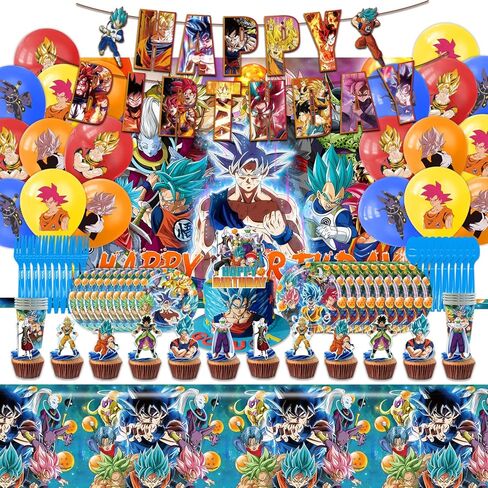 لوازم وديكورات حفلات التنين، مجموعة لوازم حفلات عيد ميلاد التنين المكونة من 86 قطعة، تتضمن لافتات وخلفية وبالونات وغطاء للكيك وأطباق ومفرش طاولة وكوب وشوك وملاعق in Kuwait