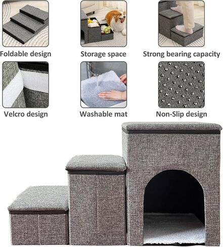 2-Step Dog Stairs,14" H Portable Puppy Steps with Storage Folding Doggie Steps with Condo for High beds or Couch Adjustable Steps for Small Medium Puppies Cat Ramp Ladder Dog Window Perch in Saudi Arabia