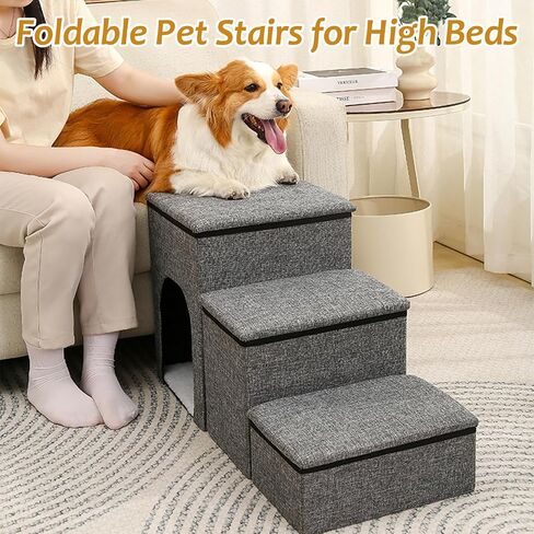 2-Step Dog Stairs,14" H Portable Puppy Steps with Storage Folding Doggie Steps with Condo for High beds or Couch Adjustable Steps for Small Medium Puppies Cat Ramp Ladder Dog Window Perch in Saudi Arabia
