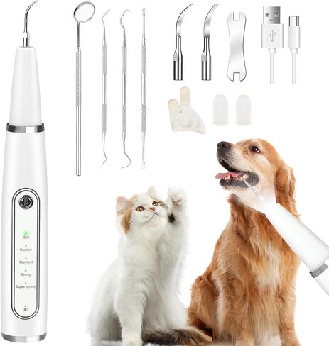 Plaque Remover for Teeth: Dog Teeth Cleaning Kit for Tartar Stains Removal Electric Pet Ultrasonic Tooth Cleaner with LED Light Finger Toothbrush Dental Care for Dog Cat 5 Modes (White) in Saudi Arabia