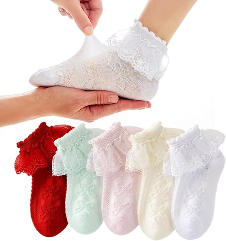 WBZOTSS 5 Pairs Girls Mesh Ruffle Lace Trim Cotton Socks Frilly Ankle Socks Princess Style Dress Socks for Toddler Girls in Saudi Arabia