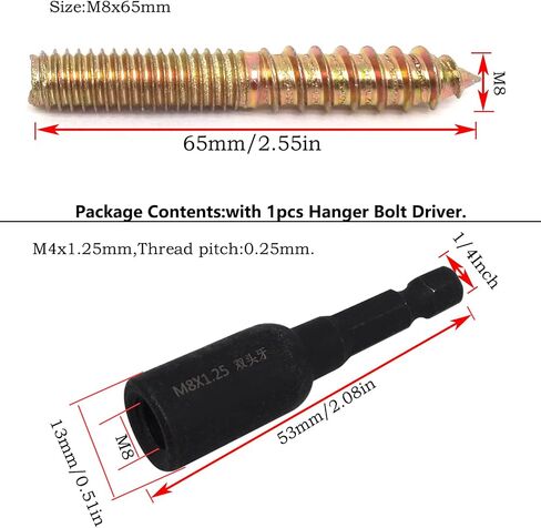 10Pcs Hanger Bolts Double Headed Bolts Kit,with (M8x1.25mm) Hanger Bolt Driver, Hanger Bolts for Wood Furniture(M8x60mm) in Saudi Arabia