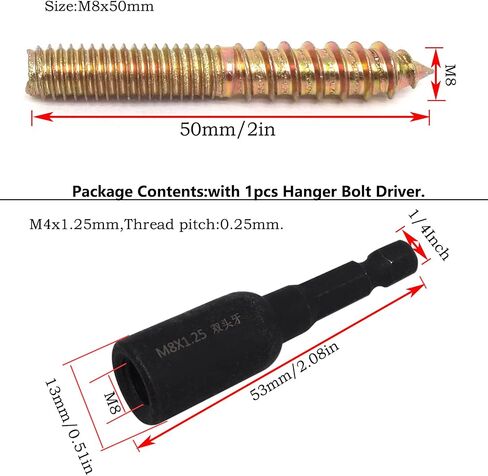 10Pcs Hanger Bolts Double Headed Bolts Kit,with (M8x1.25mm) Hanger Bolt Driver, Hanger Bolts for Wood Furniture(M8x60mm) in Saudi Arabia