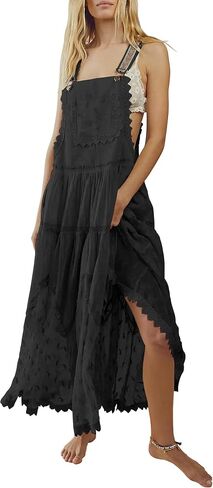 Gacaky Summer Dress for Women Casual Floral Embroidered Bohemian Dress Adjustable Straps Bib Maxi Flowy Dress with Pockets in Kuwait