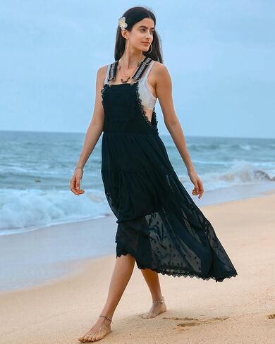 Gacaky Summer Dress for Women Casual Floral Embroidered Bohemian Dress Adjustable Straps Bib Maxi Flowy Dress with Pockets in Kuwait
