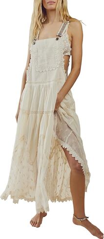 Gacaky Summer Dress for Women Casual Floral Embroidered Bohemian Dress Adjustable Straps Bib Maxi Flowy Dress with Pockets in Kuwait