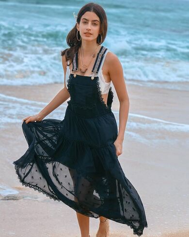 Gacaky Summer Dress for Women Casual Floral Embroidered Bohemian Dress Adjustable Straps Bib Maxi Flowy Dress with Pockets in Kuwait