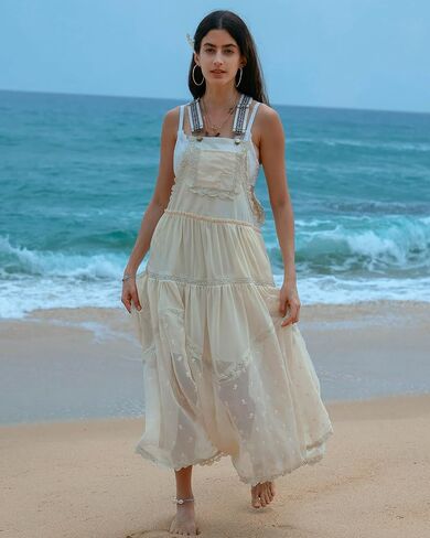 Gacaky Summer Dress for Women Casual Floral Embroidered Bohemian Dress Adjustable Straps Bib Maxi Flowy Dress with Pockets in Kuwait