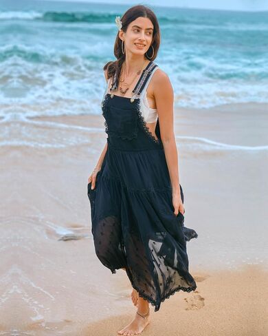Gacaky Summer Dress for Women Casual Floral Embroidered Bohemian Dress Adjustable Straps Bib Maxi Flowy Dress with Pockets in Kuwait