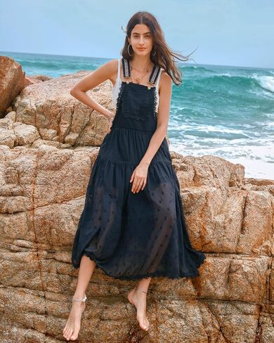 Gacaky Summer Dress for Women Casual Floral Embroidered Bohemian Dress Adjustable Straps Bib Maxi Flowy Dress with Pockets in Kuwait