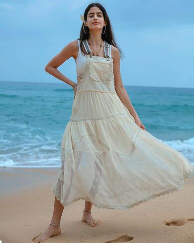 Gacaky Summer Dress for Women Casual Floral Embroidered Bohemian Dress Adjustable Straps Bib Maxi Flowy Dress with Pockets in Kuwait