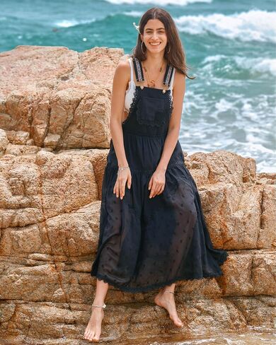 Gacaky Summer Dress for Women Casual Floral Embroidered Bohemian Dress Adjustable Straps Bib Maxi Flowy Dress with Pockets in Kuwait