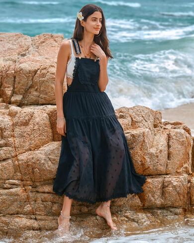 Gacaky Summer Dress for Women Casual Floral Embroidered Bohemian Dress Adjustable Straps Bib Maxi Flowy Dress with Pockets in Kuwait