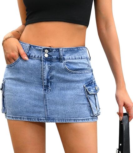Womens Cargo Skirt Y2k Low Waist Button Bodycon Denim Mini Skirt with Flap Pockets in Saudi Arabia