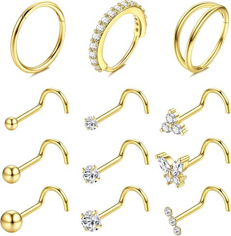Besteel Gold Flase Rings للنساء - 14K مملوءة الذهب المملوءة بالمعالم الجراحية الأطواق الخاتم الفولاذ الفولاذ الخاتم 20G CZ المسمار L على شكل أنف أنف مثقوبات المجوهرات للنساء الرجال in Saudi Arabia
