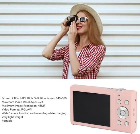 كاميرا رقمية، 2.7K 48MP 16X نقطة تكبير رقمية وكاميرات رقمية، كاميرا تسجيل فيديو كلاسيكية للتركيز التلقائي مع شاشة 2.8 بوصة، محمولة للمراهقين والبالغين (أحمر فاتح) in Kuwait
