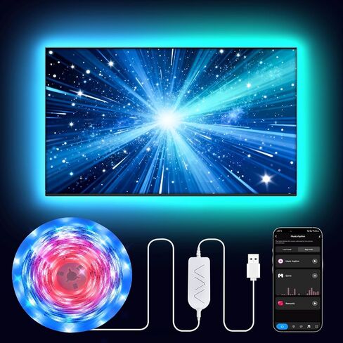مصابيح LED RGB+IC بطول 16.4 قدم للتلفزيون مقاس 50-75 بوصة، شريط إضاءة خلفي خلف التلفزيون مع مزامنة الموسيقى، تطبيق بلوتوث والتحكم الصوتي، 44 وضعًا للمشهد، لإضاءة المزاج المحيط، لعبة الشاشة، غرفة النوم، غرفة المعيشة in Kuwait