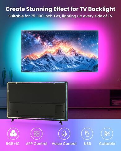 مصابيح LED RGB+IC بطول 16.4 قدم للتلفزيون مقاس 50-75 بوصة، شريط إضاءة خلفي خلف التلفزيون مع مزامنة الموسيقى، تطبيق بلوتوث والتحكم الصوتي، 44 وضعًا للمشهد، لإضاءة المزاج المحيط، لعبة الشاشة، غرفة النوم، غرفة المعيشة in Kuwait