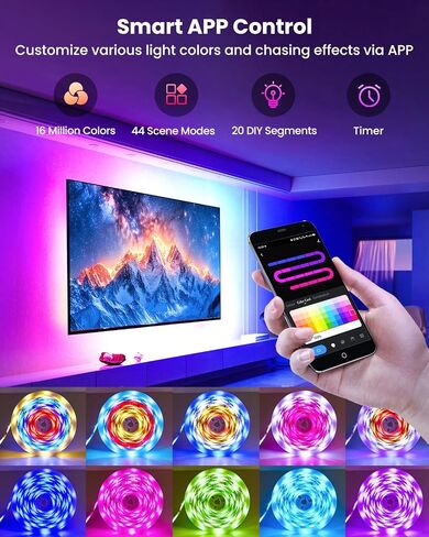 مصابيح LED RGB+IC بطول 16.4 قدم للتلفزيون مقاس 50-75 بوصة، شريط إضاءة خلفي خلف التلفزيون مع مزامنة الموسيقى، تطبيق بلوتوث والتحكم الصوتي، 44 وضعًا للمشهد، لإضاءة المزاج المحيط، لعبة الشاشة، غرفة النوم، غرفة المعيشة in Kuwait