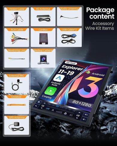 راديو السيارة لسيارة Ford Explorer 2011–2019 - وحدة رأس Android مقاس 12.1 بوصة (8 + 128 جيجا) مع CarPlay اللاسلكي وAndroid Auto، 5G WiFi، نظام تحديد المواقع العالمي (GPS)، DSP، RDS، Bluetooth، صوت Hi-Fi، دعم الكاميرا الاحتياطية in Saudi Arabia
