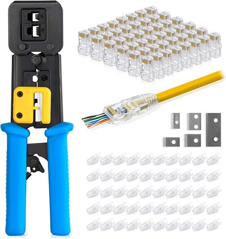 Everest Media Solutions RJ45 Crimp Tool Kit, With 50 Cat5e Pass Through Connectors and 50 Strain Relief Boots + Extra blades - EZ Cut, Strip, Crimp Ethernet Cables - Professional Network Crimping tool in Saudi Arabia