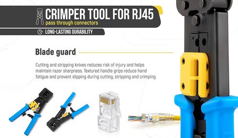 Everest Media Solutions RJ45 Crimp Tool Kit, With 50 Cat5e Pass Through Connectors and 50 Strain Relief Boots + Extra blades - EZ Cut, Strip, Crimp Ethernet Cables - Professional Network Crimping tool in Saudi Arabia