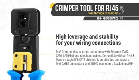 Everest Media Solutions RJ45 Crimp Tool Kit, With 50 Cat5e Pass Through Connectors and 50 Strain Relief Boots + Extra blades - EZ Cut, Strip, Crimp Ethernet Cables - Professional Network Crimping tool in Saudi Arabia
