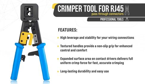 Everest Media Solutions RJ45 Crimp Tool Kit, With 50 Cat5e Pass Through Connectors and 50 Strain Relief Boots + Extra blades - EZ Cut, Strip, Crimp Ethernet Cables - Professional Network Crimping tool in Saudi Arabia